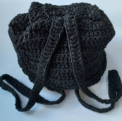Carrie Forbes Black Crochet Drawstring Backpack Shoulder Bag  display picture 1