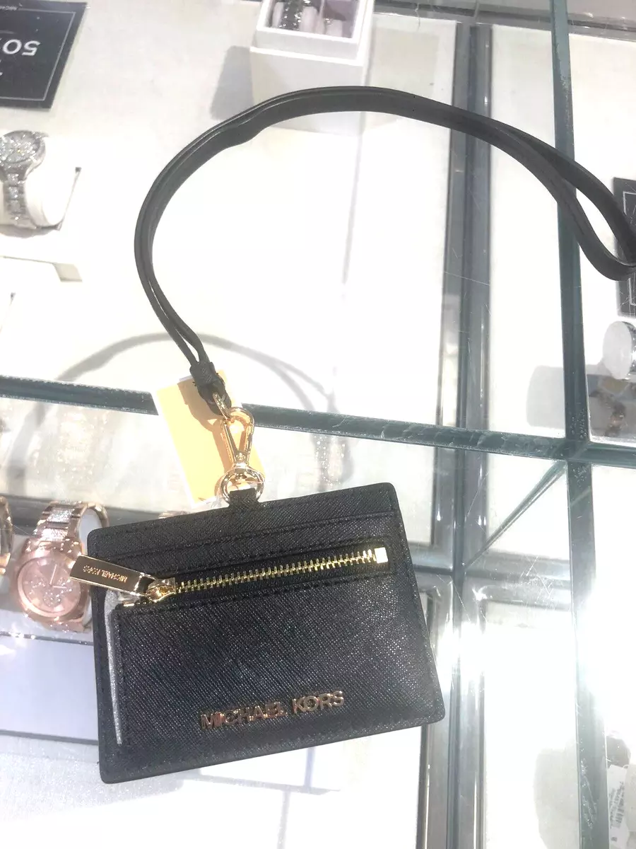MICHAEL KORS WOMEN LADIES ID HOLDER CREDIT CARD CASE LEATHER WALLET BLACK GOLD