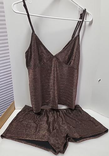 Linea Donatella Metallic Kupfer Schwarz 2-teiliges Damen Pyjama Set Large Neu mit Etikett NEU