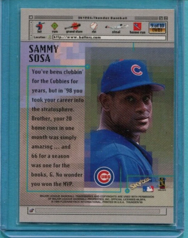 Tarjeta #9 de Sammy Sosa Chicago Cubs 1999 Skybox Thunder MLB Batters.com Foto 2 de 2