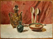 Ukrainian Soviet USSR Oil Painting postimpressionism Still Life ceramics spoons
