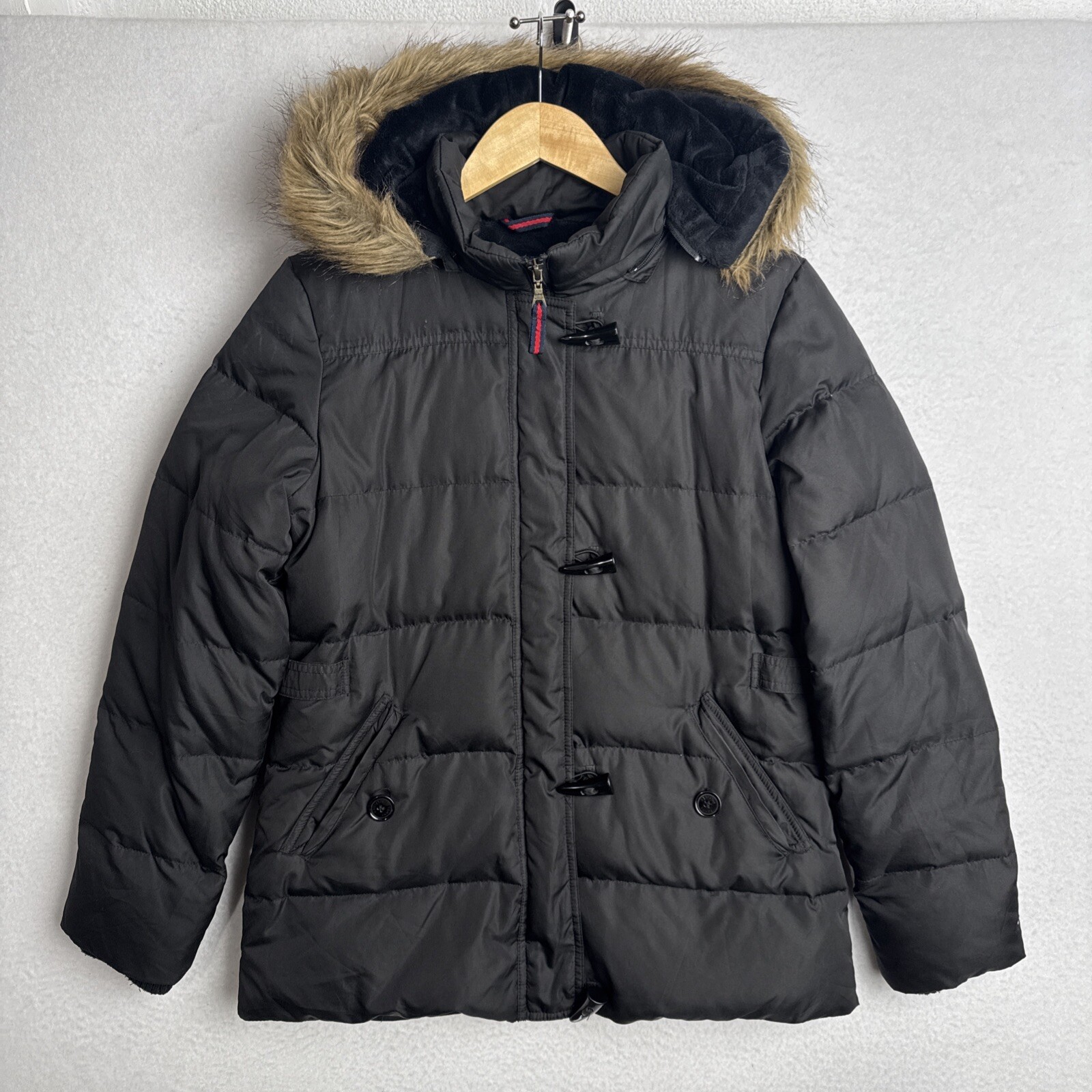 Tommy Hilfiger Womens Black Faux Fur Trim Hooded Puffer Coat Size M