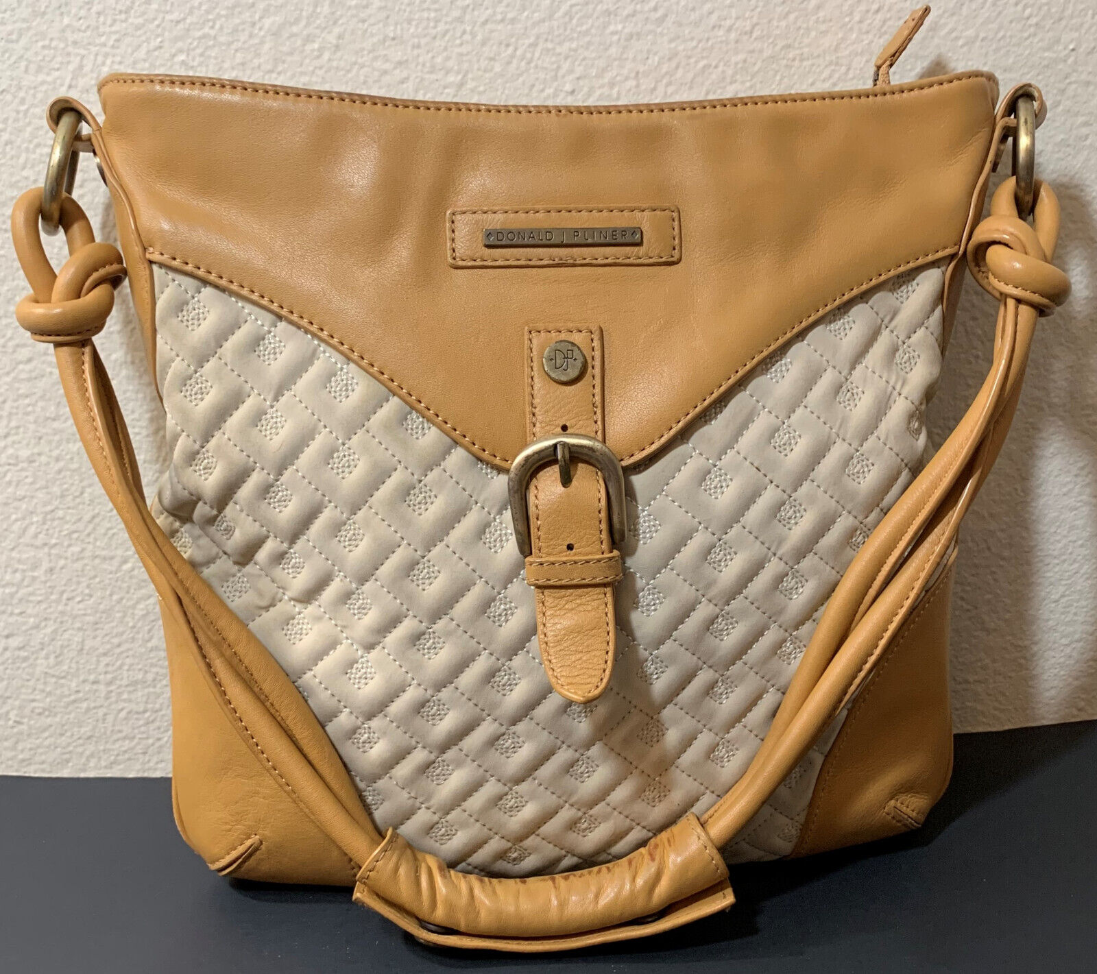 Donald J. Pliner Handbag Tan Quilted Fabric And L… - image 1