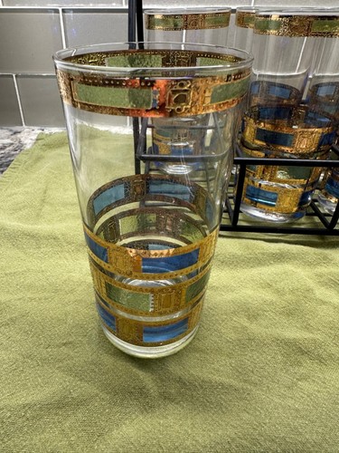 6 MCM Culver Empress Highball Glass Set 22K Gold Trim Caddy Table Top Decor Bar - Picture 5 of 16