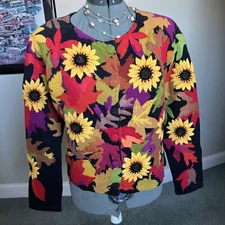 Michael Simon M Embroidered Sunflower Sweater Cardigan Leaves Christmas Gift