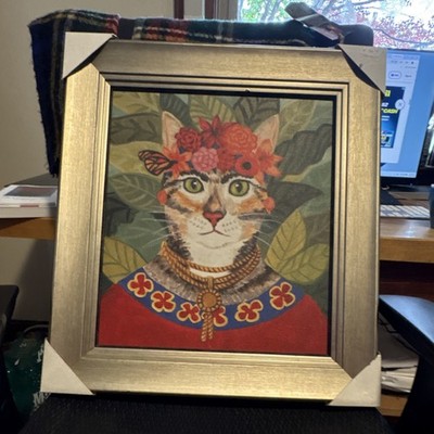 Carol Lew Cat Art Print Framed Red Dress Floral Headpiece Collectible
