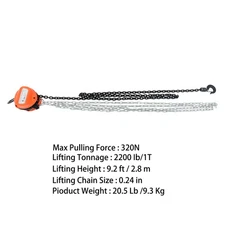 Chain Hoist 1 Ton(2200Lbs) Capacity 10 FT Manual Hand Lift Double Pawl Brake