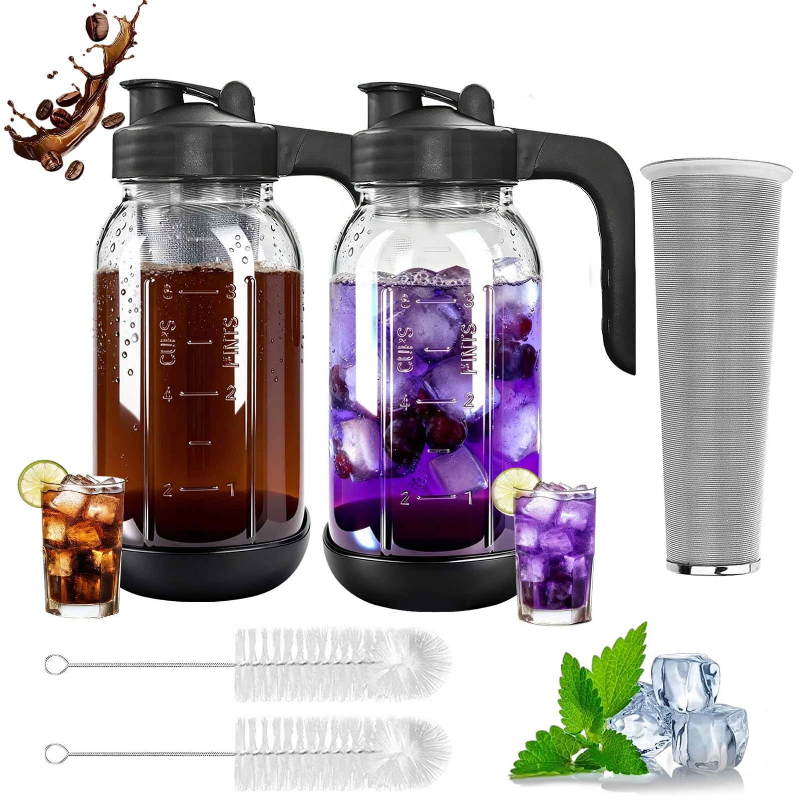 2 PCS Cold Brew Coffee Maker,64 oz Mason Jar Pour Spout Lid, Refillable Stain...