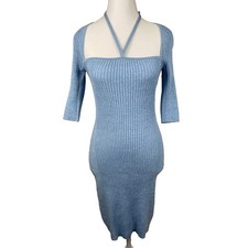 Ganni Melange Dress Womens Small Ethereal Blue Strappy Square Neck Knit Mini New