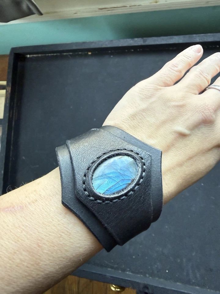 Leather Cuff Bracelet Labradorite Stone Big Cuff Bracelet Cosplay Jewel Handmade - Image 4 of 4