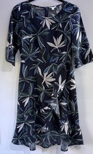 Monsoon Linen Dress UK 10 Navy Leaf Print Midi Tea Dress Summer Ruffle Front