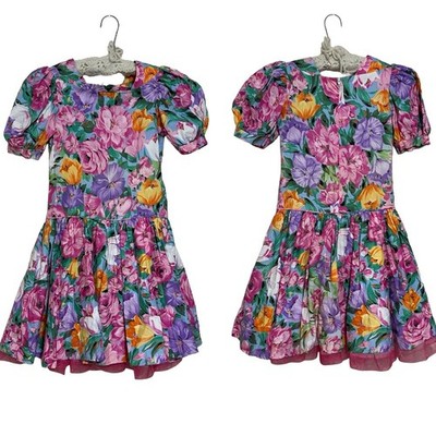 Vtg 90s Peaches N Cream Tea Dress Bright Floral Garden Party Tulle Pageant Sz 10