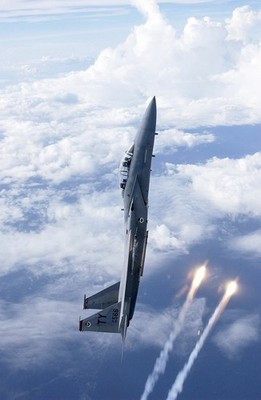 Air Force F-15D Fighter Flying Vertical Vertically Firing Missles Poster Print