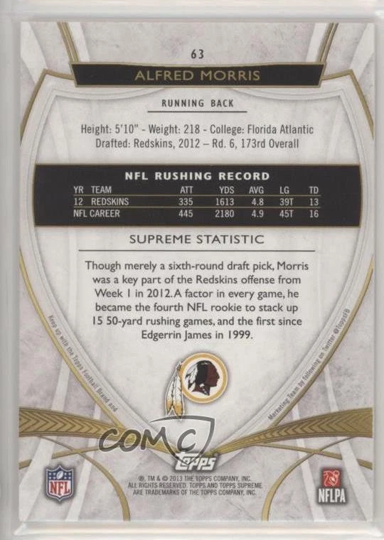 2013 Topps Supreme Blue /112 Alfred Morris #63 - Image 2 of 2