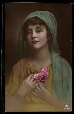 Photo Postcard RPH No. 6106/5: Beautiful Woman Holding a Rose to Her Breast 
