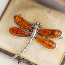 Vintage Smithsonian Amber Dragonfly Brooch Pin Sterling Silver 925