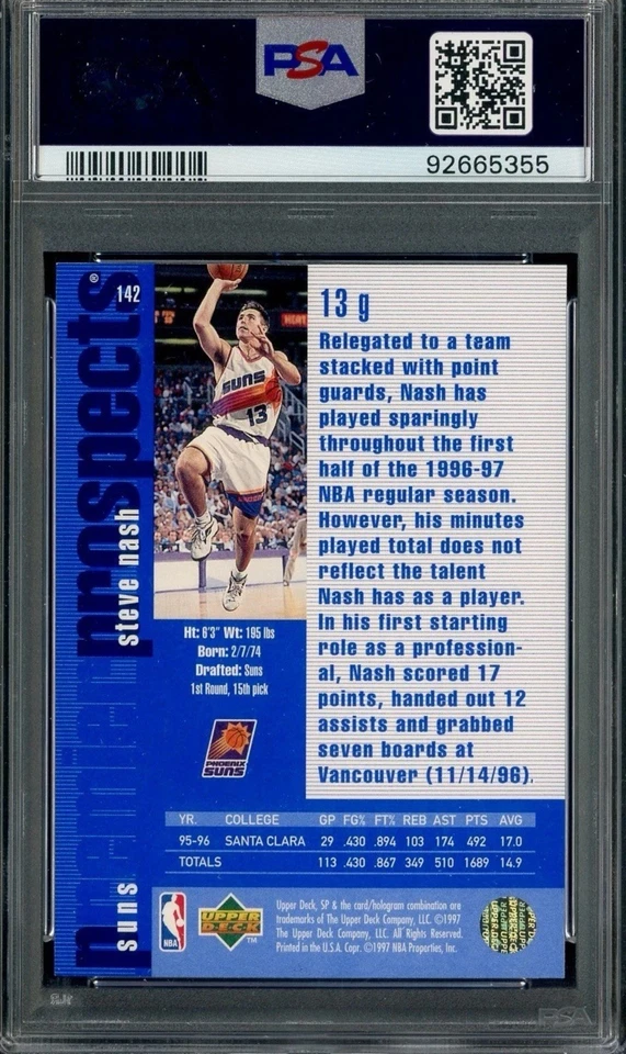 1996-97 SP Basketball #142 Steve Nash HOF RC Rookie Phoenix Suns PSA 8 - Image 2 of 2