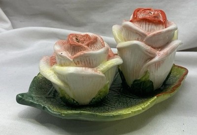 Vtg Salt & Peppe Shakers with Tray Corner Ruby  Garden Collection Roses 3 Pieces