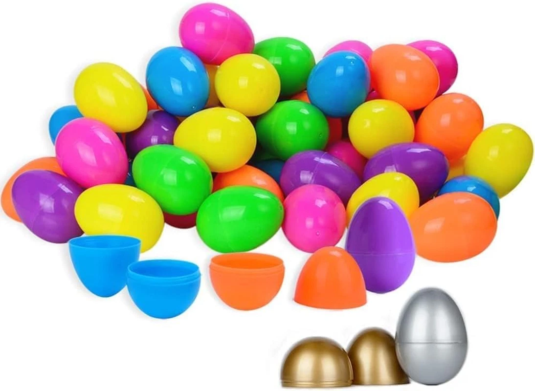 Uova Pasqua 6.4 Cm 50 Uova Di Pasqua In Plastica Riempibili - 6,4 Cm, Multicolore, Con 1 Uovo Dorato E 1 Argento, Per Caccia Alle Uova Uova Oro E Argento Pasqua