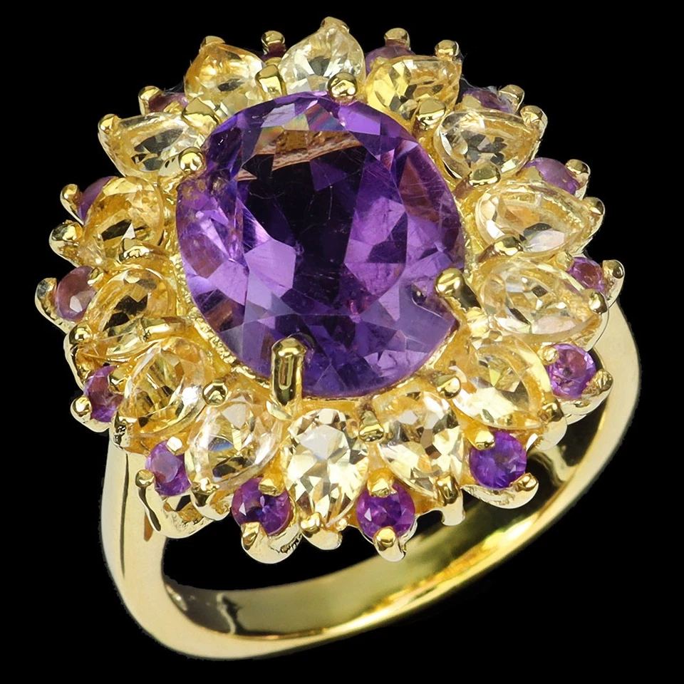 Кольцо из стерлингового серебра 925 пробы с овальным аметистом 14x10 мм цитрином ювелирное изделие размер 8 - Изображение 2 из 4