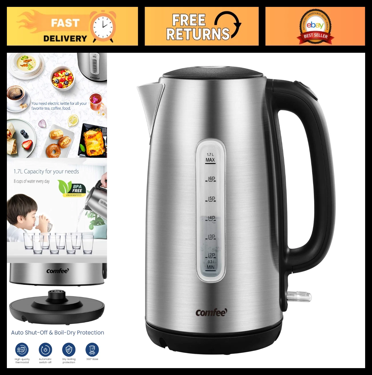 Stainless Steel Electric Kettle 1.7L Fast Boil 1500W with LED Light & Auto Shut-