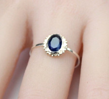 Sterling Silver Ring Size 7- Thin Dainty Stacking Ring with Blue Stone -925