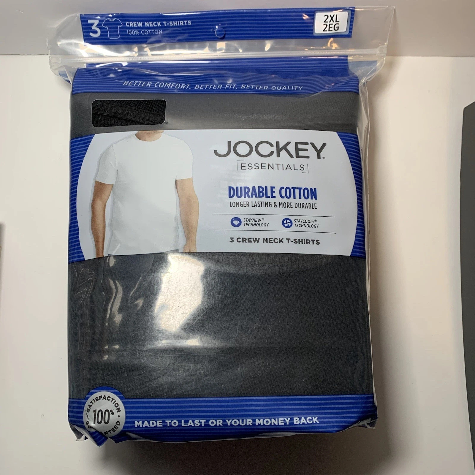 JOCKEY ESSENTIALS 3-Pack Men’s 2XL Crew Neck T-Shirts Durable Cotton - Black NEW