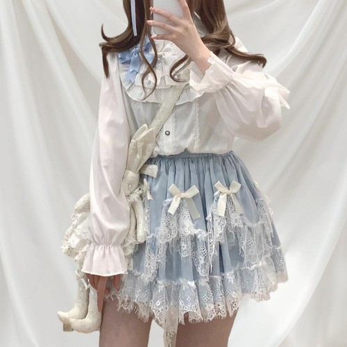 Blue lace tiered mini skirt with bows Kawaii Japanese fairycore Kawaii - Picture 2 of 5