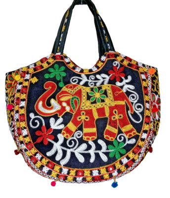 Purse Ethnic NWT Tote Bag Black Embroidered Elephant Indian Boho Tassels Boho