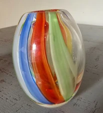Blown Glass Art Glass Bud Vase Rainbow Multicolor Swirl Stripes Cane 3"