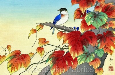 Oriental Blue Bird Autumn Foliage Crazy Quilt Block Multi Sz
