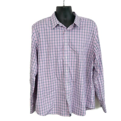 Untuckit Mens XXL Casual Button Up Shirt Pink Blue Plaid Long Slv Wrinkle Free