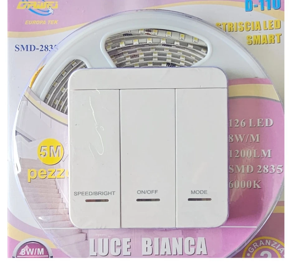 Striscia Led Fredda 5Mt 8W 24V SMD 2835 Autoadesiva telecomando Interruttore - Immagine 2 di 4