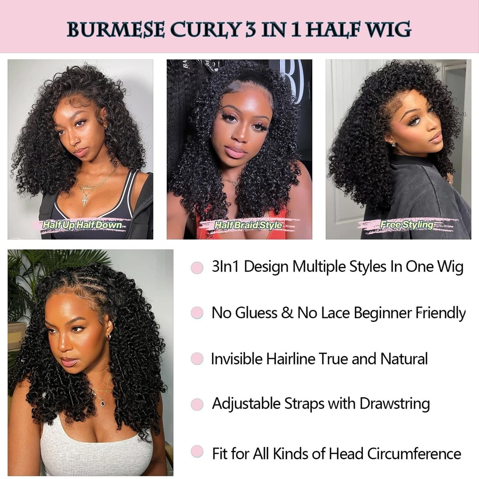 16" Burmese Human Hair Curly Half Wig 250% Density Glueless Seamless Flip - Image 2 of 4