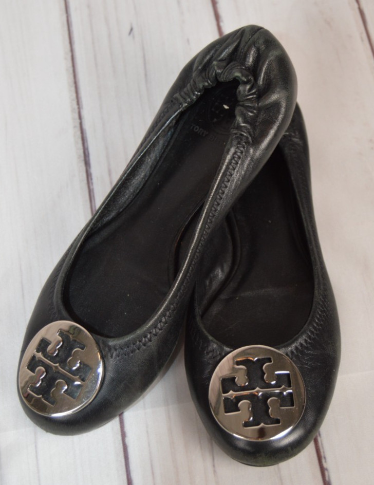 Tory Burch Black Leather Reva Silver Logo Ballet Flats Shoes US Women Sz 6M GUC