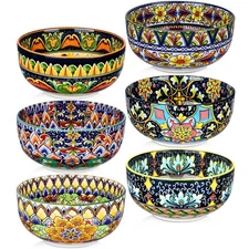 Ceramic Cereal Bowls Set of 6, 28 Oz Bohemian Soup Bowl, Colorful Bowls Set for