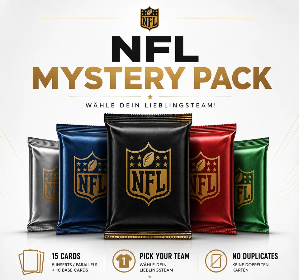 NFL Mystery Football Pack 15 Karten - Pick Your Team | 5 Inserts + 10 Base Cards - Bild 1 von 1