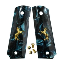 1911 Grips Full Size fit Colt Springfield Grips Blue Pearl W/Gold Horse & Screw