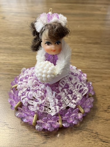 Vtg MCM Safety Pin Doll Beaded Art Purple Beads 3.5”