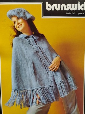 Brunswick 7207 Poncho Cape Beret Hat Crochet Knit Pattern Leaflet Long Short VTG