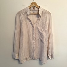 Lunya Silk Linen White Pink Striped Button Up Shirt Pajama Top PJs Medium