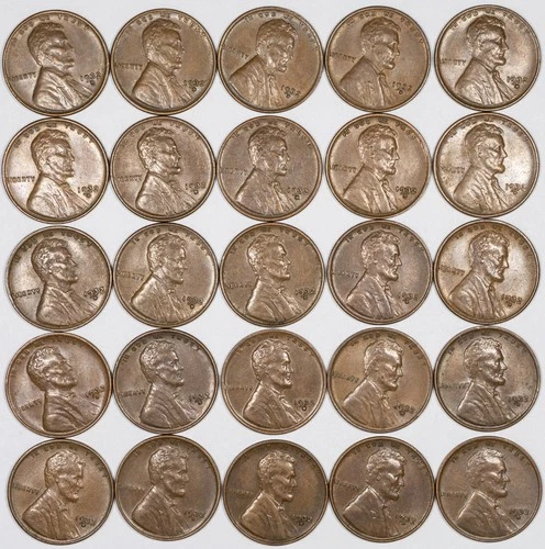 1932-D Lincoln Wheat Penny Half Roll of 25 Coins XF TO AU