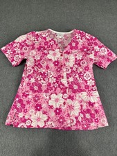Peaches Uniforms Womens Pink Floral Short Sleeve V-Neck Button-Up Scrub Top S