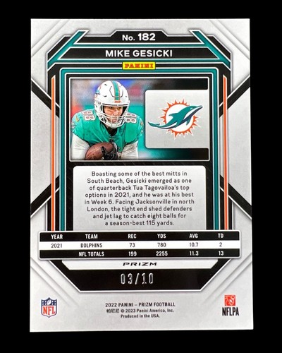 2022 Panini Prizm Mike Gesicki #182 Gold Prizm 03/10 - Dolphins, Bengals - Picture 2 of 3