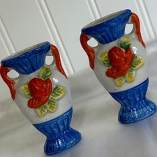 Vintage Miniature Bud Vase Set Blue White Excellent Hand Painted Rose Made Japan