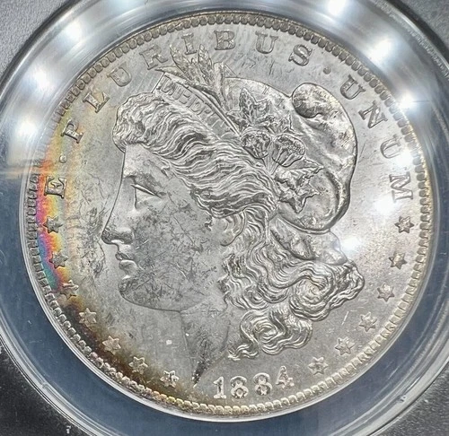1884-O Morgan Silver Dollar ANACS MS62 Rainbow Crescent Toned Nice Eye Appeal