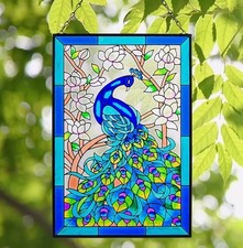 Peacock Animal Stained Glass Window Hanging Suncatcher Panel 10x15 Decor