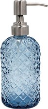 16 oz Diamond Pattern Glass Soap Dispenser, Kitchen and Bathroom Blue