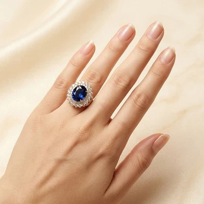 Inestimables bagues ovales en argent sterling 925 saphir bleu royal 8,06 cara... - Photo 1/4