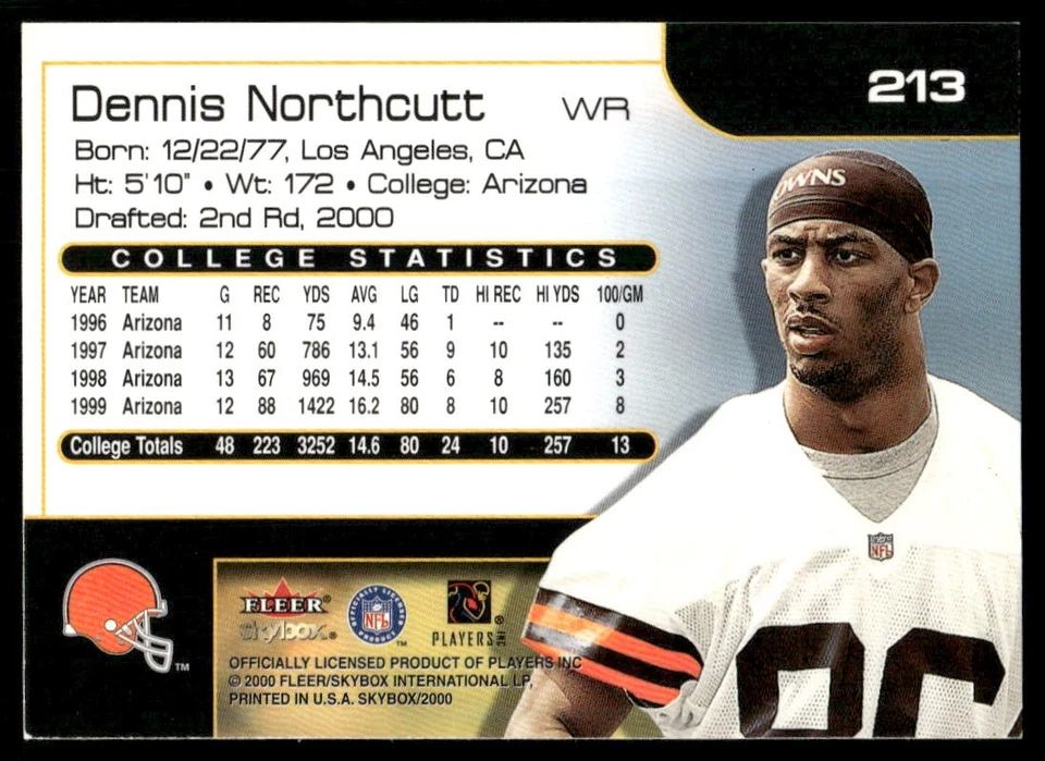 2000 SkyBox #213 Dennis Northcutt Cleveland Browns Football Card - Image 2 of 2